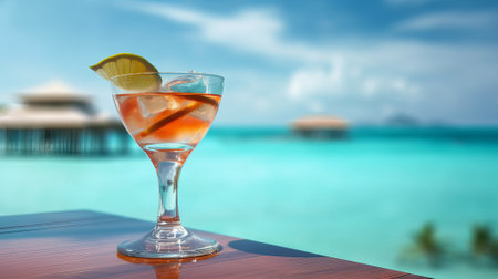 tropical summer cocktail stands on the table with sea background. summer vacation. Generative AIの素材