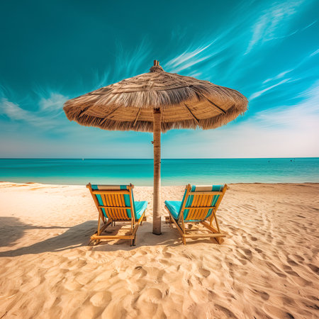Panoramic view of two wooden chairs and a saloma umbrella on the beach. Sea with turquoise water and white sandy beach. Palms. Generative AIの素材