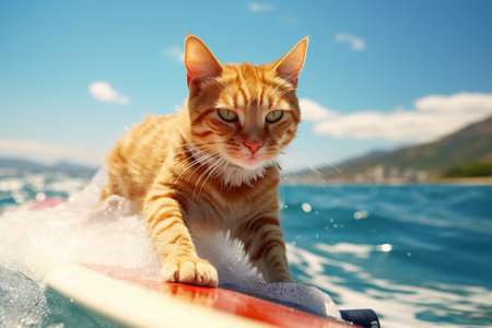 Red happy cat on summer vacation is surfing on the sea. The cat on the board floats on the wave. Generative AIの素材
