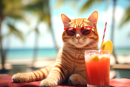 Beautiful red cat in sunglasses and with a tropical cocktail is resting on vacation on the beach. Generative AIの素材