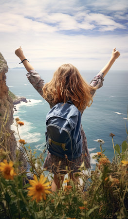 Young girl is standing on the edge of a cliff with her hands up, in front of a very beautiful view of the ocean. Generative AIの素材