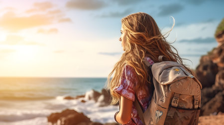 Young girl with a backpack on her back and in tourist clothes stands on the edge of a cliff and admires the sunset against the backdrop of the ocean. Generative AIの素材