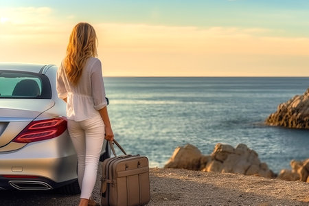 Young girl traveler with a suitcase, looks at the sea sunset, standing near the car. Generative AIの素材
