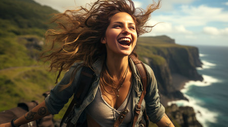 Young beautiful girl in tourist clothes and with a backpack on her back on the background of the ocean. Feeling of freedom.の素材