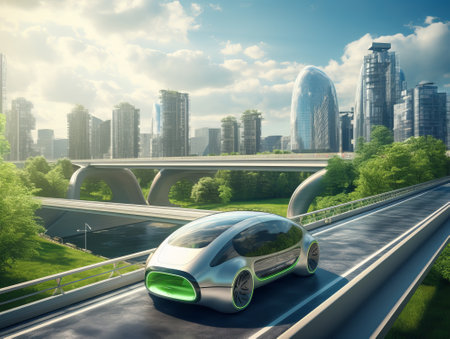 Ecological electric car on the background of the city of the future. eco car. Generative AIの素材