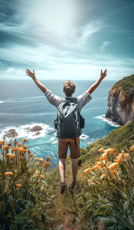 Young guy tourist stands on the edge of a cliff and enjoys a beautiful view of the ocean in the rays of sunset. The traveler admires a beautiful view of the ocean with his hand raised up. Generative AIの素材