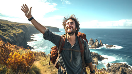Young guy tourist stands on the edge of a cliff and enjoys a beautiful view of the ocean in the rays of sunset. The traveler admires a beautiful view of the ocean with his hand raised up. Generative AIの素材