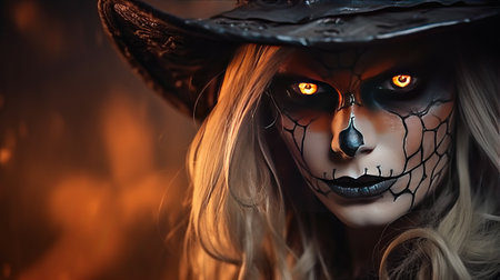 Young beautiful girl in terrible makeup for halloween celebration. Generative AIの素材