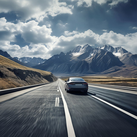 Sporty modern electric car rushes along a very beautiful mountain road in the rays of sunset. Traveling by car. Generative AIの素材