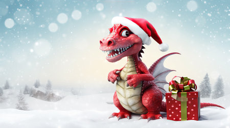 Fantastic little and cute dragon in Santa's hat near Christmas gifts and New Year tree. New year 2024. ai generativeの素材
