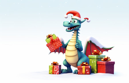 Fantastic little and cute dragon in Santa's hat near Christmas gifts and New Year tree. New year 2024. ai generativeの素材