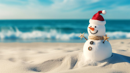 Snowman in a Santa Claus hat on a sandy white beach on the Caribbean Sea. Celebration of the New Year in warm countries. Travel. Generative AIの素材