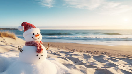 Snowman in a Santa Claus hat on a sandy white beach on the Caribbean Sea. Celebration of the New Year in warm countries. Travel. Generative AIの素材