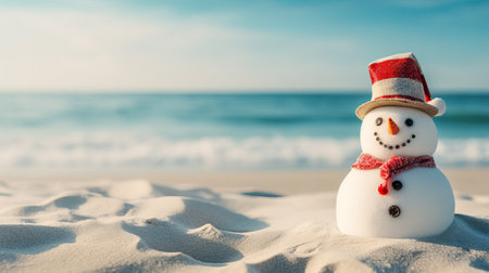 Snowman in a Santa Claus hat on a sandy white beach on the Caribbean Sea. Celebration of the New Year in warm countries. Travel. Generative AIの素材