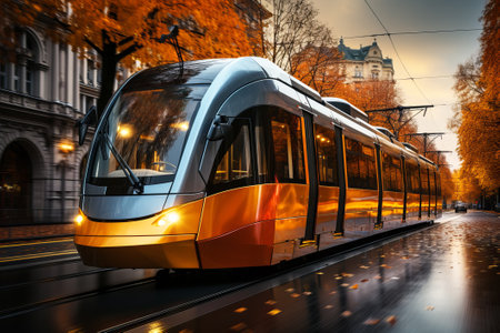 Modern yellow city eco tram rides along a city street in autumn. Ecological transport concept. Generative AIの素材