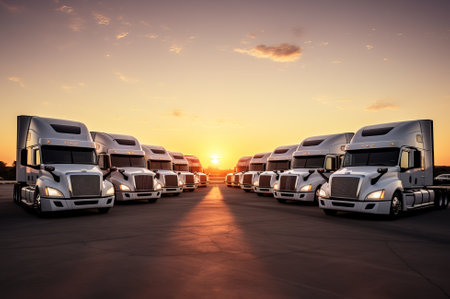 Park of modern trucks parked in a row. Logistics and transport services. Generative AI.の素材