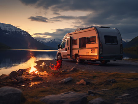 Camper or recreational vehicle parked on the shore of a beautiful mountain lake. Outdoor camping and family travel concept. Generative AIの素材