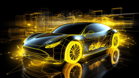 Futuristic electric yellow car with a holographic wireframe digital technology background. Designing a new economical hybrid car. Generative AIの素材