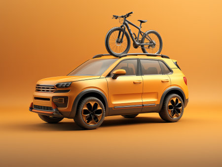 Mountain bike is mounted on the roof of a modern SUV. Family adventures on a day off. Active lifestyle. Generative AI.の素材
