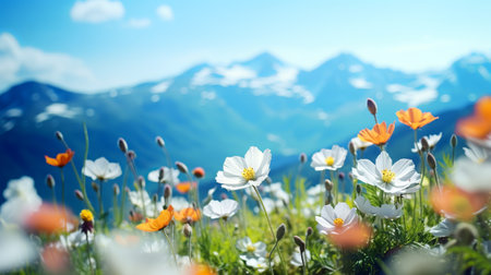 Spring meadow with flowers and mountains in the background, extreme closeupの素材