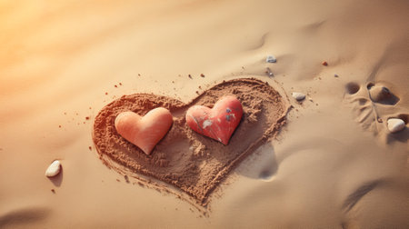 Two hearts in love on the beach of the Caribbean Sea at sunset. Concept for celebrating Valentine's Day at sea. Generative AIの素材
