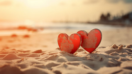 Two hearts in love on the beach of the Caribbean Sea at sunset. Concept for celebrating Valentine's Day at sea. Generative AIの素材