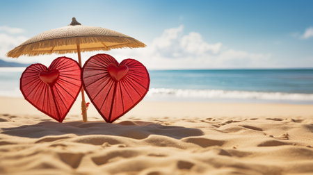 Celebrating Valentine's Day at the Beach. Two hearts under a sun umbrella on the shores of the Caribbean Sea. Generative AIの素材