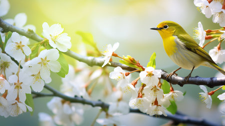 Little sparrow sits on a branch of a blooming apple or cherry tree in the spring garden. Background for Easter or spring greeting cards with free space for text.の素材