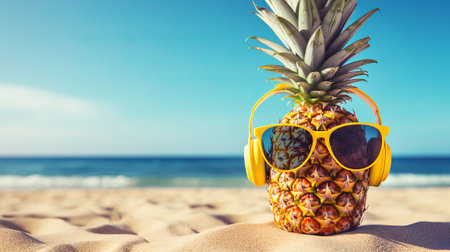 Ripe pineapple in sunglasses and headphones on the beach of the Caribbean sea. Tropical holiday concept. Free space for your text.の素材