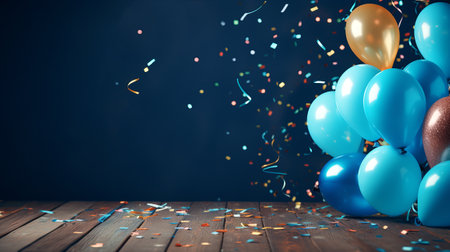 Boy birthday background with blue balloons and gifts on wooden background. Greeting card for congratulations on your birthday.の素材