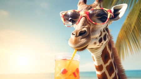 Giraffes are having fun on on the Caribbean Sea with tropical cocktails. Concept of vacation and fun at sea.の素材