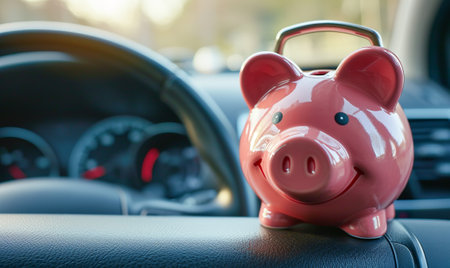 Pink piggy bank in the car interior. The concept of purchasing, credit, leasing or car insurance.の素材