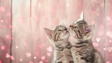Two cute kittens on a pink wooden background with bokeh of hearts with empty space for textの素材