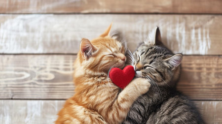 Two cats in love on an empty wooden background and heart-shaped confetti. Happy Valentine's Day or Valentine's Day greeting card. Free space for text.の素材