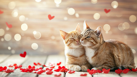 Two cats in love on an empty wooden background and heart-shaped confetti. Happy Valentine's Day or Valentine's Day greeting card. Free space for text.の素材