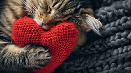 Cute cat hugs with a woolen heart. Happy Valentine's Day greeting card.の素材