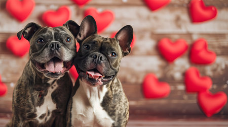 Two French Bulldog dogs in love on a wooden background with heart-shaped bokeh. Celebrating Valentine's Day.の素材
