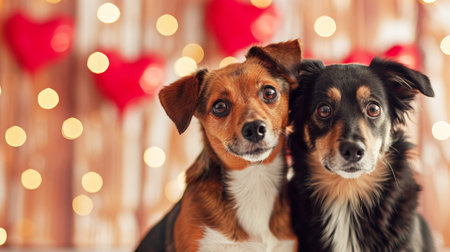 Two dogs in love on a wooden background with heart-shaped bokeh. Celebrating Valentine's Dayの素材