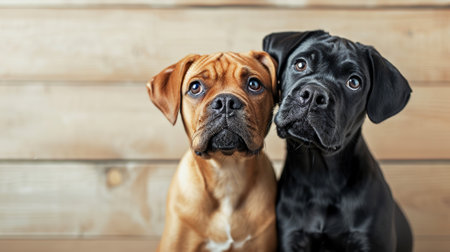 Two dogs of the German Boxer breed on a wooden background with icons in the form of hearts. Free space for text.の素材