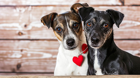 Two dogs of the Terrier breed on a wooden background with icons in the form of hearts. Free space for text.の素材