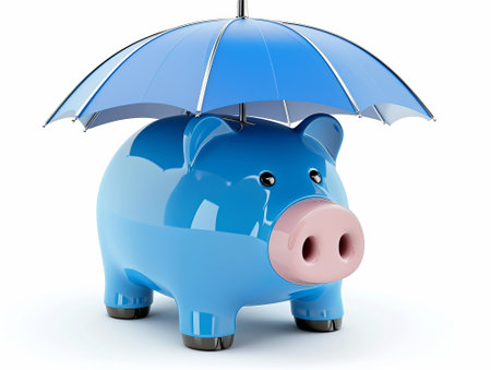 Blue piggy bank under an umbrella isolated on a white background. Concept of protecting your money.の素材
