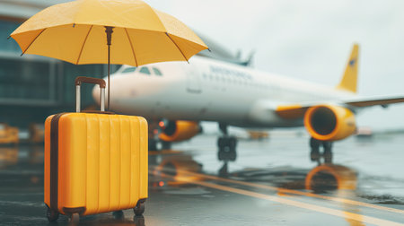 Tourist or business trip insurance concept. Suitcases stand under the protection of umbrellas at the airport against the backdrop of passenger planes.の素材