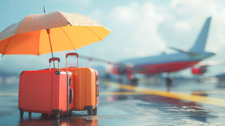 Tourist or business trip insurance concept. Suitcases stand under the protection of umbrellas at the airport against the backdrop of passenger planes.の素材