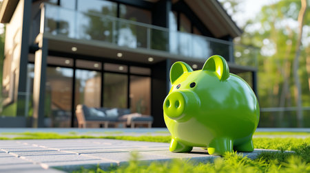 Green piggy bank against the backdrop of an expensive villa. Real estate purchase and insurance concept.の素材