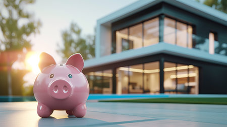 Pink piggy bank against the backdrop of an expensive villa. Real estate purchase and insurance concept.の素材