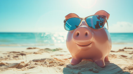 Pink piggy bank in sunglasses against the background of a beautiful sea at sunset. Vacation concept.の素材
