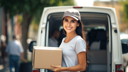 Portrait of a smiling delivery woman in a cap and uniform standing with a box in her hands near the trunk of a van.の素材