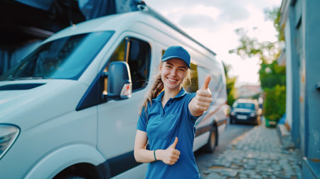 Young girl courier smiles and shows a thumbs up against the background of a courier car. The concept of the best courier service. Free space for text.の素材