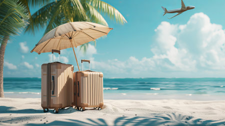Luggage suitcases under an umbrella on the beach with palm trees on the background of the sea. Travel and traveler insurance concept. Empty space for text.の素材