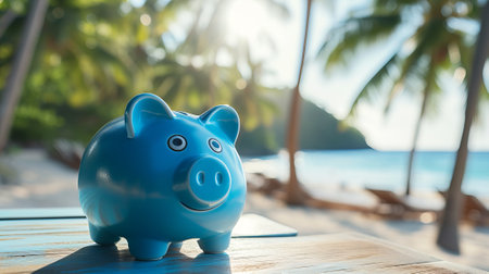 Blue piggy bank on an empty wooden background overlooking the sea and the beach. Vacation concept.の素材